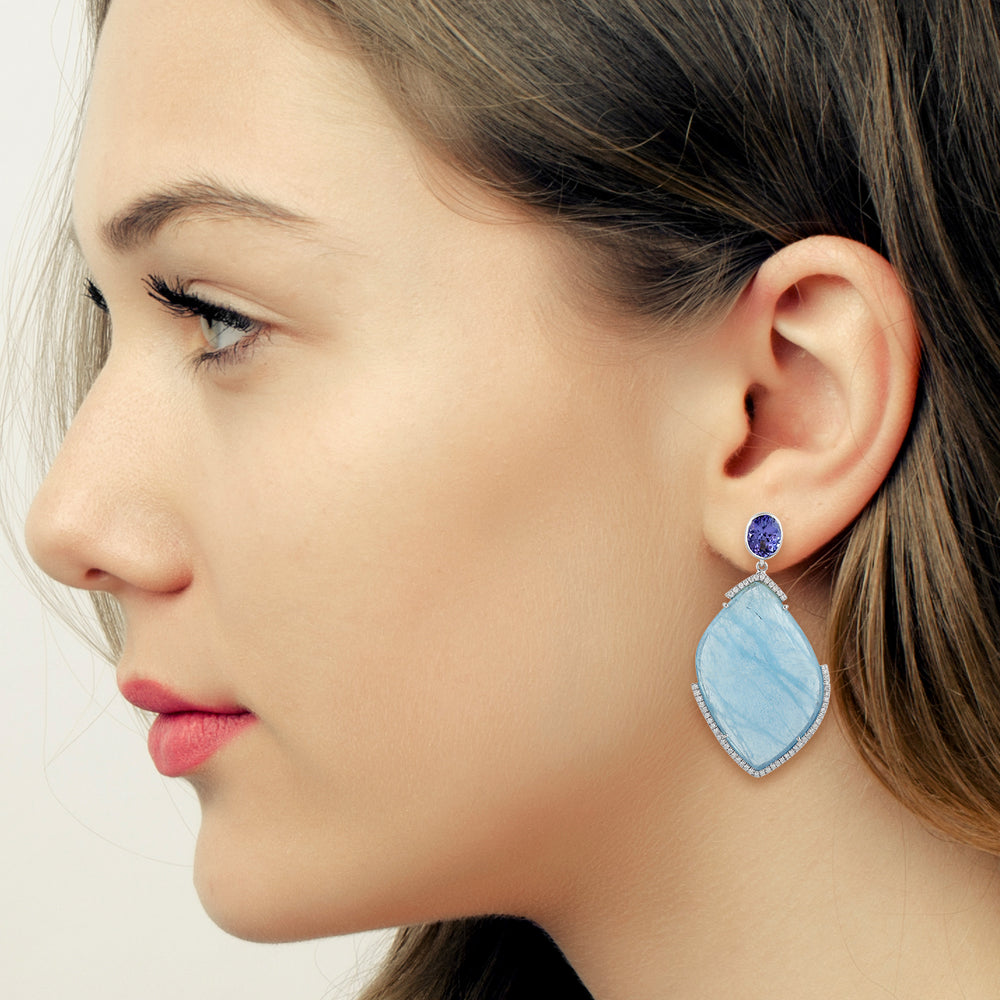 Tanzanite & Carved Aquamarine Diamond Halo Drop Earrings in 18K White Gold