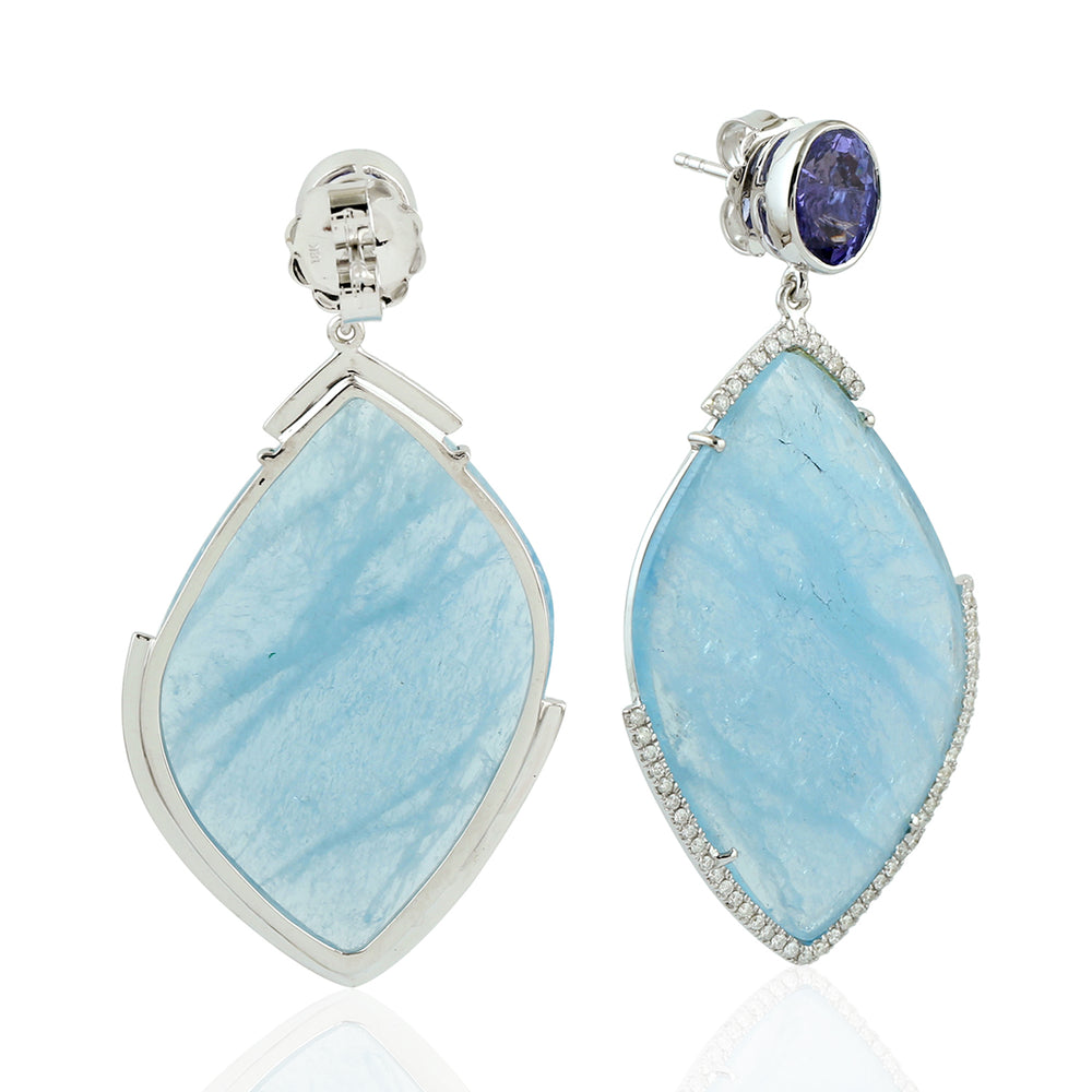 Tanzanite & Carved Aquamarine Diamond Halo Drop Earrings in 18K White Gold