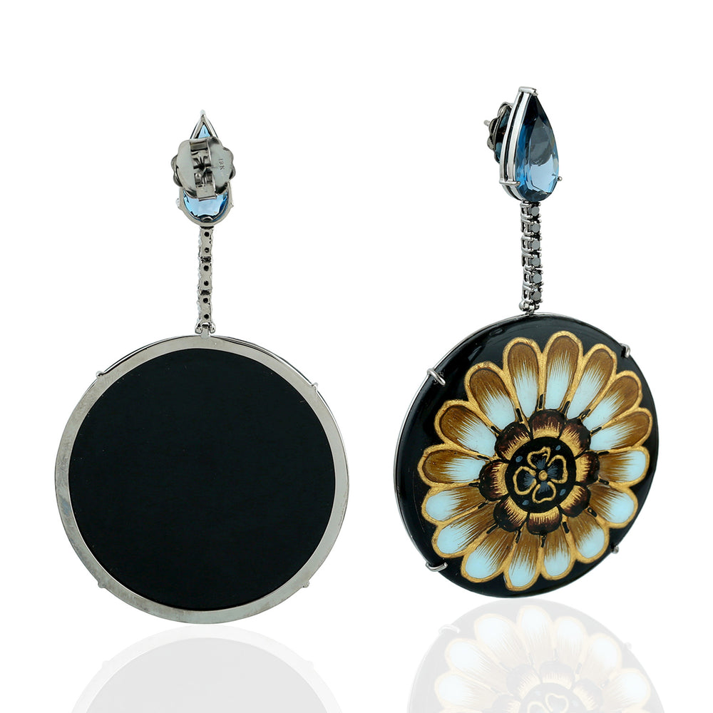 Topaz & Onyx Black Diamond Floral Enamel Drop Earrings in 18K White Gold