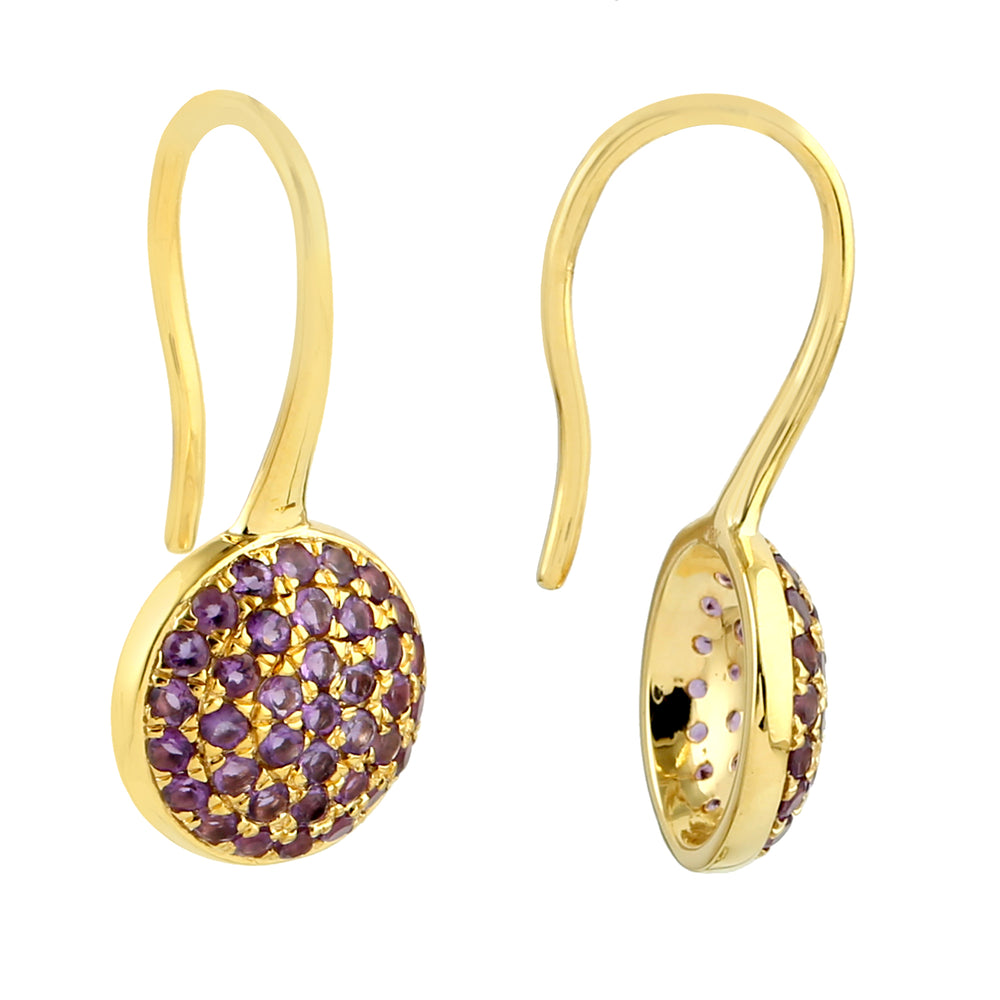 18K Yellow Gold Pave Amethyst February Birthstone Ear Hook Earrings
