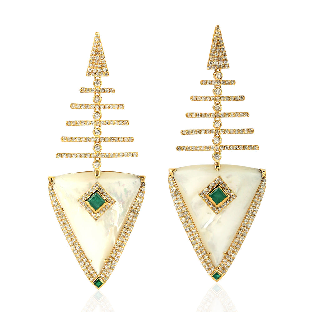 Micro Pave Diamond Emerald MOP Designer Trillion Danglers In 18k Gold