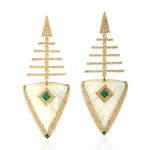 Micro Pave Diamond Emerald MOP Designer Trillion Danglers In 18k Gold