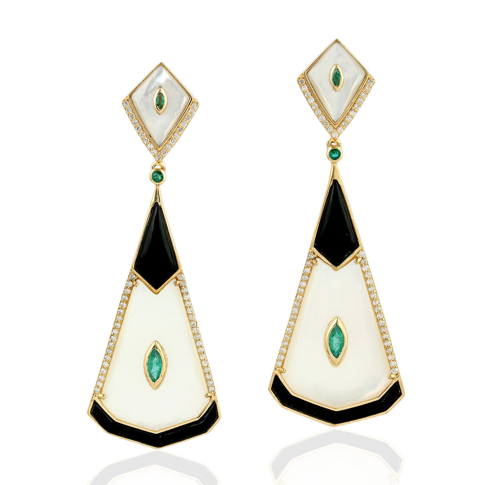 Natural MOP Emerald Diamond Onyx Designer Earrings In 18k Yellow Gold