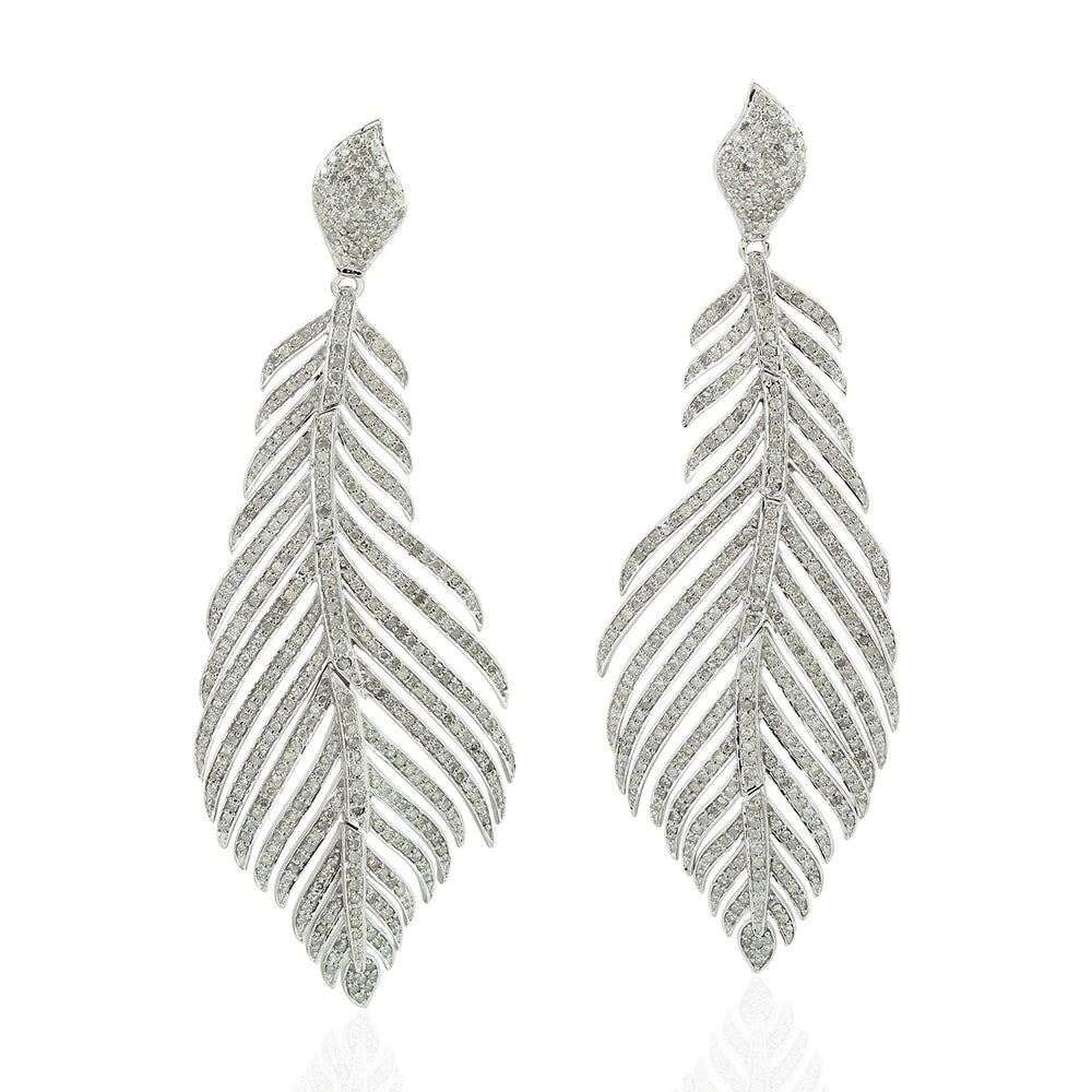 Diamond Feather Statement Drop Earrings in 18K White Gold Silver