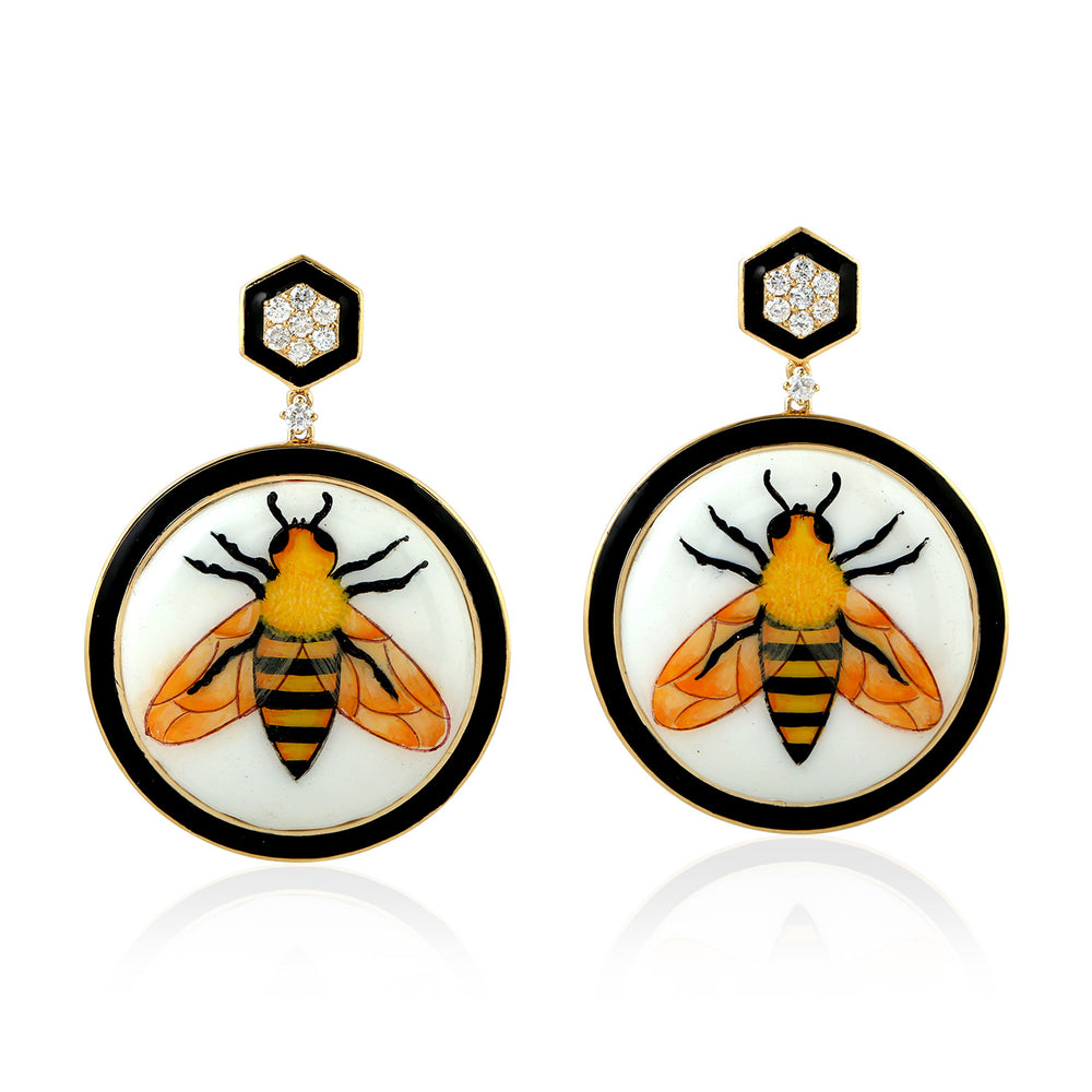 Hand-Painted Enamel Bee Medallion Drop Earrings in 18K Yellow Gold & Diamond