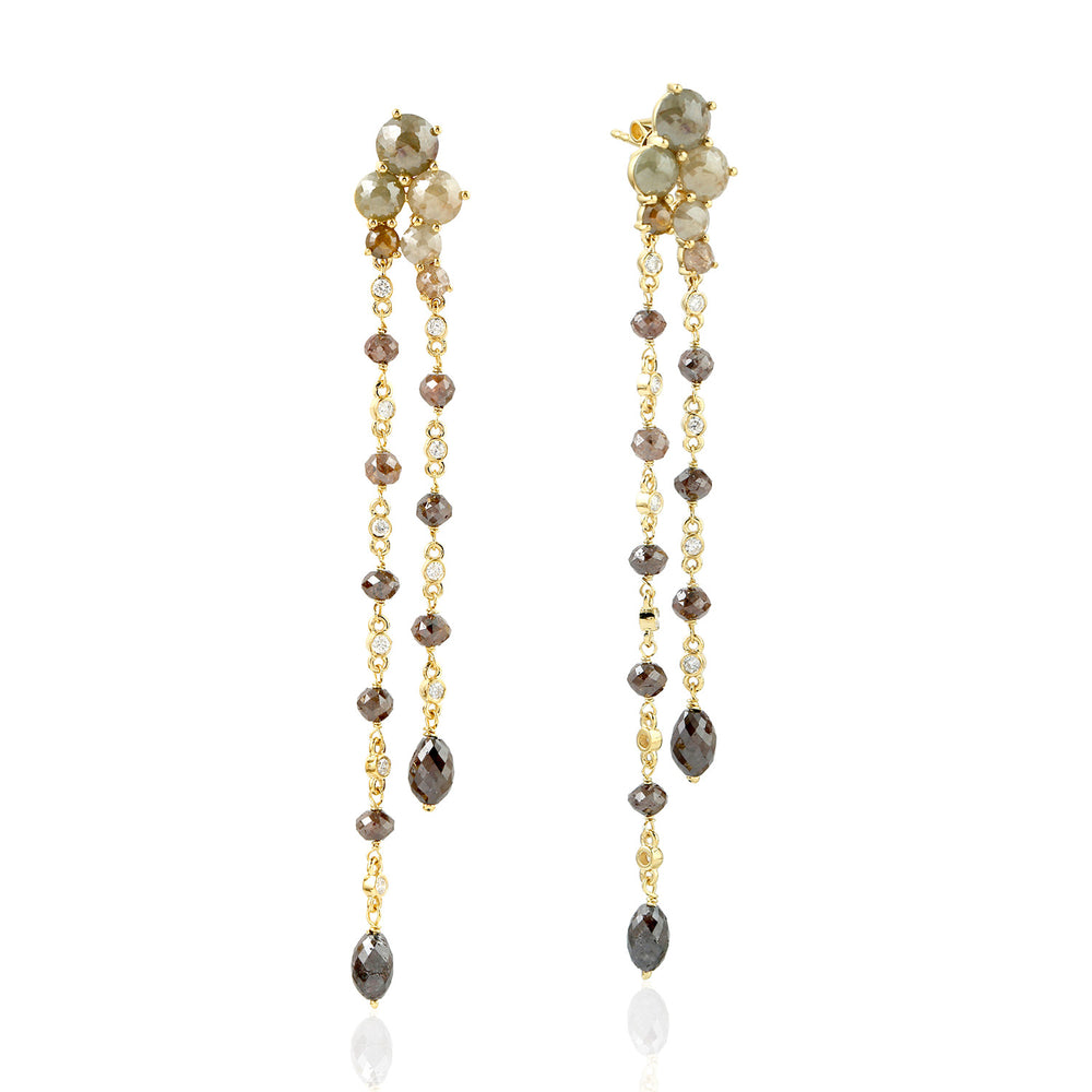 Mixed Brown Diamond Cluster Long Dangle Earrings in 18K Yellow Gold