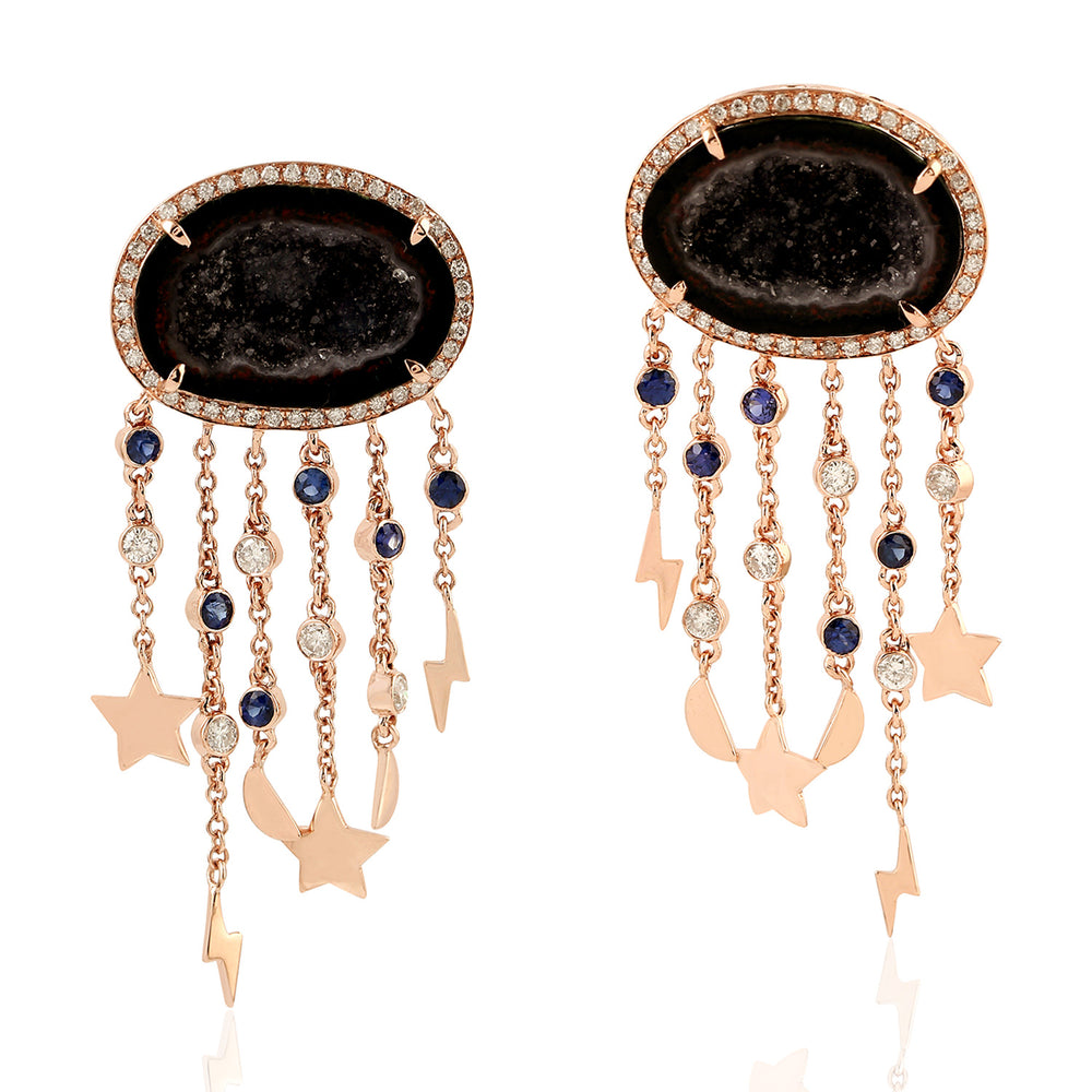 Black Geode & Sapphire Diamond Starburst Dangle Earrings in 18K Rose Gold