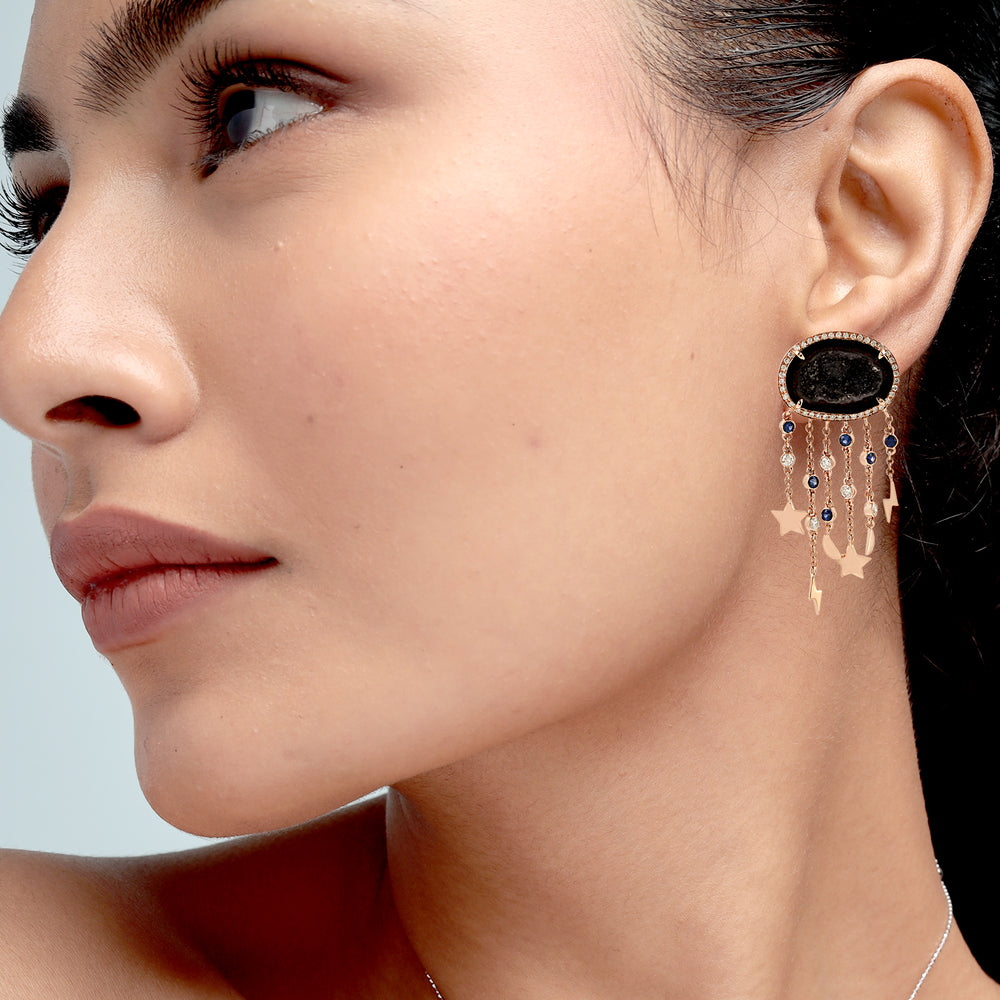 Black Geode & Sapphire Diamond Starburst Dangle Earrings in 18K Rose Gold