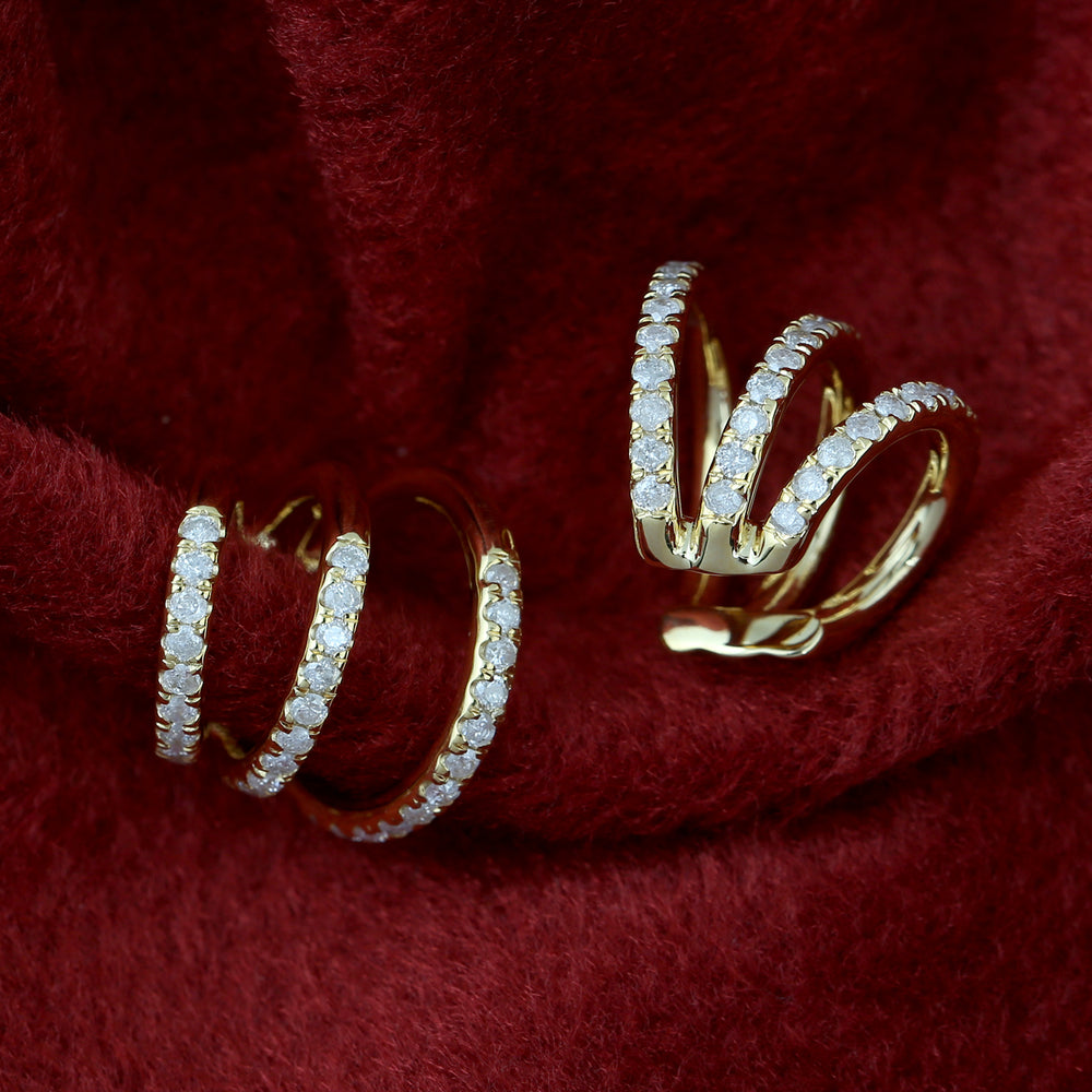 Pave Diamond Three Layered Ear Cuff Earrings In 14k Yellow Gold