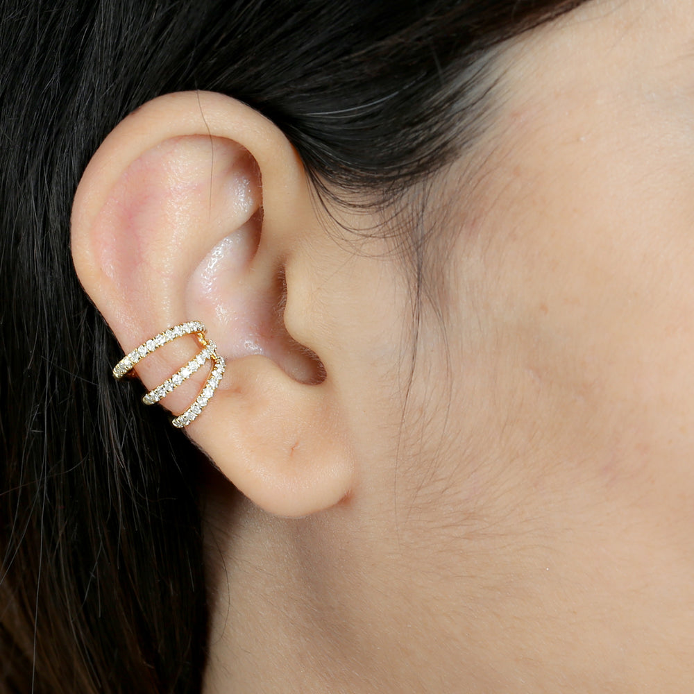 Pave Diamond Three Layered Ear Cuff Earrings In 14k Yellow Gold