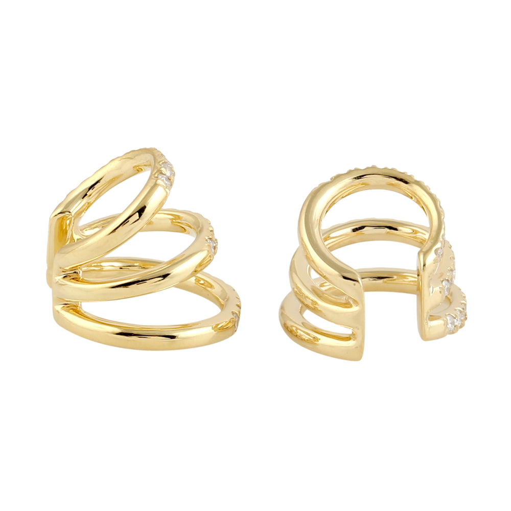 Pave Diamond Three Layered Ear Cuff Earrings In 14k Yellow Gold