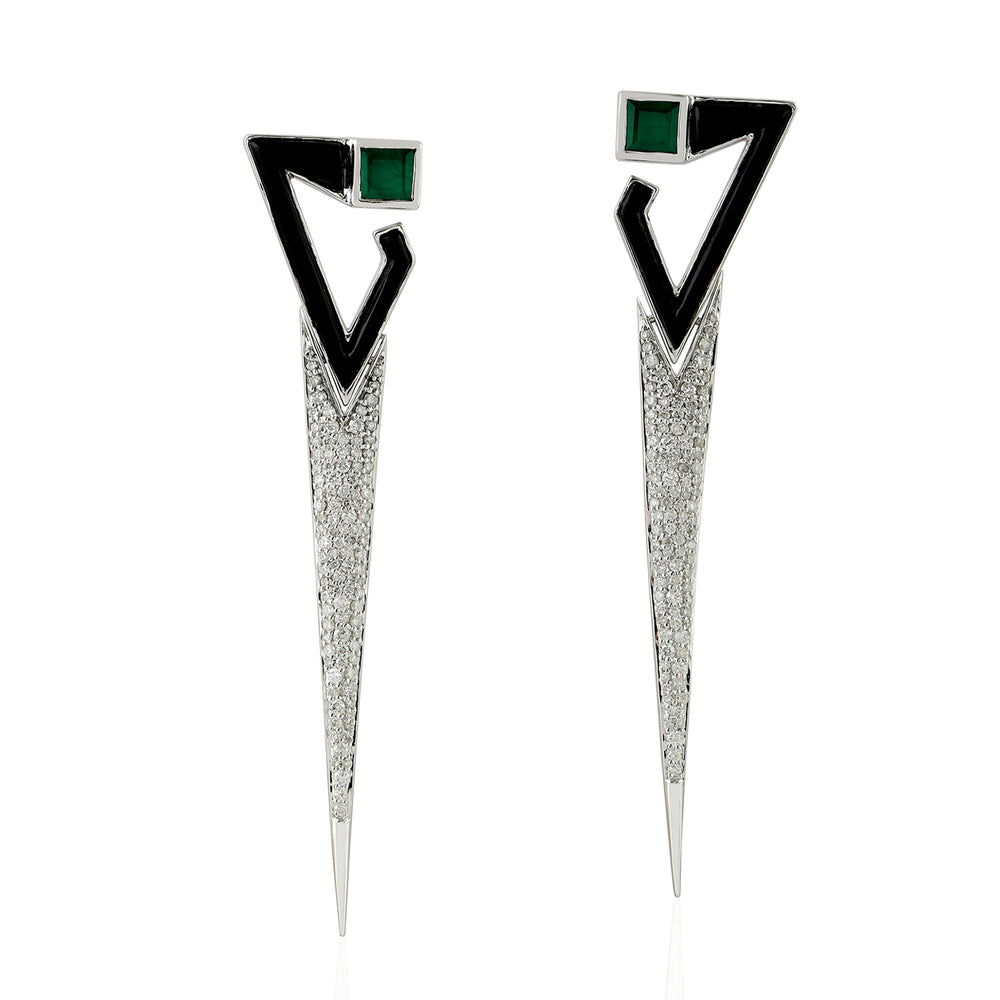 Micro Pave Diamond Onyx Emerald Designer Long Drop White Gold Earrings