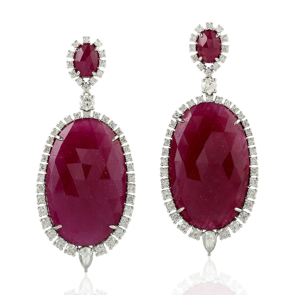 Oval Cut Ruby Pave Diamond Designer 18k White Gold Danglers For Women