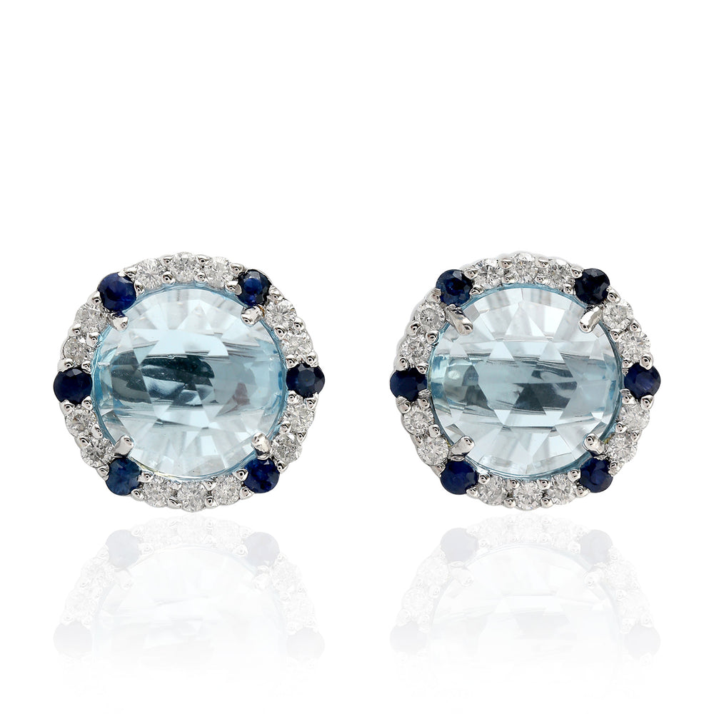 18K White Gold Stud Earrings with Blue Topaz, Blue Sapphire & Pave Diamonds