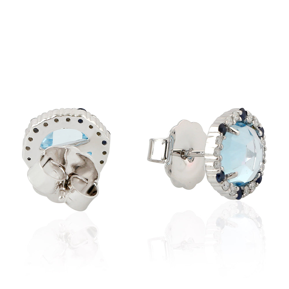 18K White Gold Stud Earrings with Blue Topaz, Blue Sapphire & Pave Diamonds