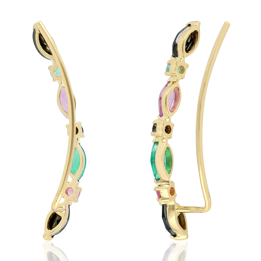 Marquise Cut Spinel Pink Sapphire Emerald Ear Climber Earrings In Yellow Gold