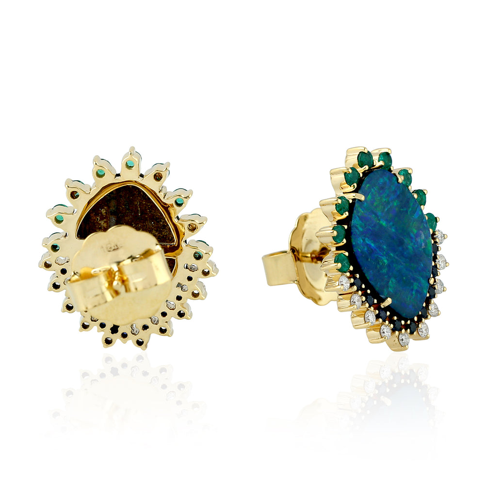 Australian Opal, Emerald & Sapphire Pave Diamond Halo Stud Earrings in 18K Yellow Gold