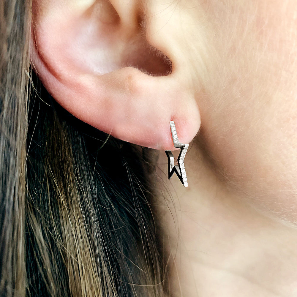 18K White Gold Micro Pave Diamond Star Hoop Earrings For Birthday Gifts