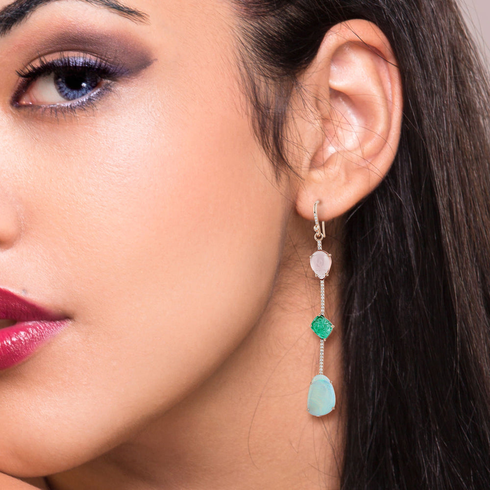 Pink Tourmaline Emerald Ethiopian Gemstone Pave Diamond in Rose Gold Ear Hook