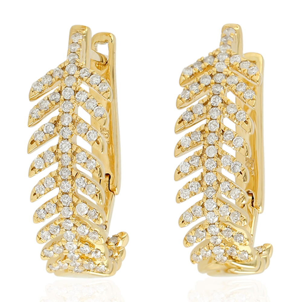 18K Yellow Gold Leaf Hoop Earrings Micro Pave Diamond