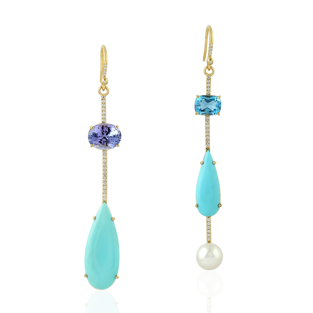 Asymmetrical Turquoise, Tanzanite, Topaz & Pearl Drop Earrings in 18K Yellow Gold