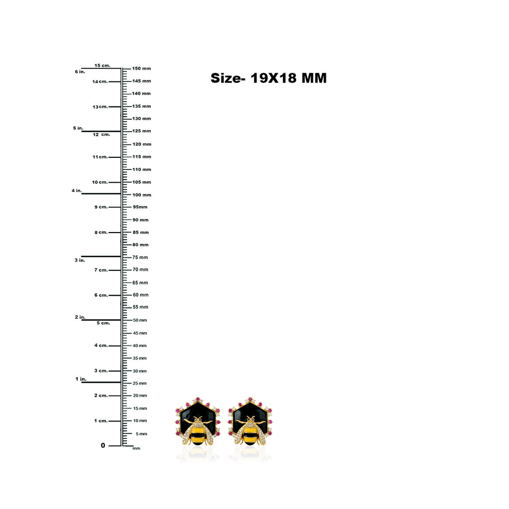 Ruby Prong Diamond Bee Enamel Stud Earrings In 18k Yellow Gold