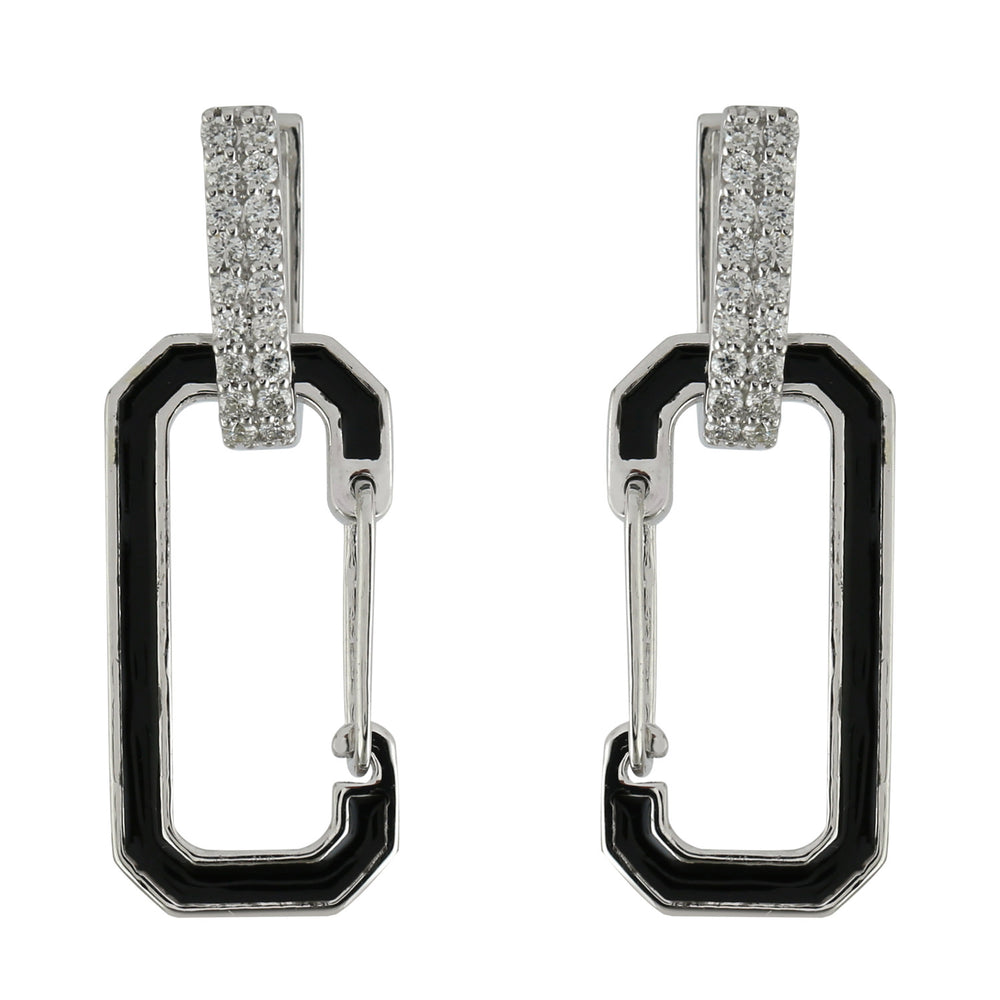 14K White Gold Pave Diamond Enamel Safety Pin Shape Earrings For Women's