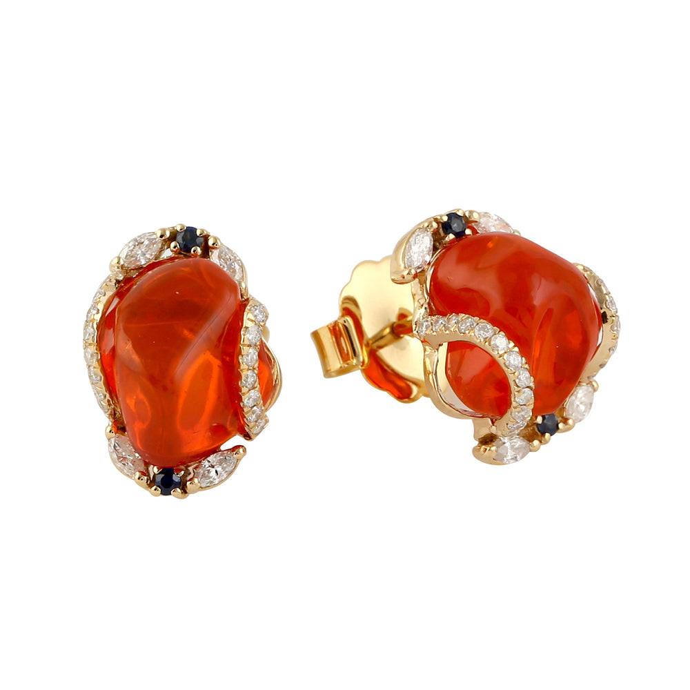 Fire Opal Cabochon Blue Sapphire & Diamond Halo Stud Earrings in 18K Yellow Gold