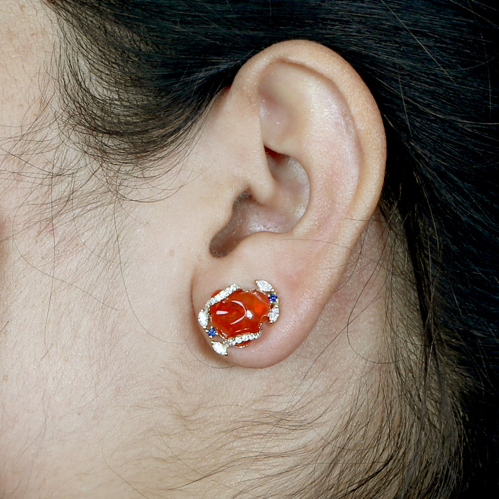 Fire Opal Cabochon Blue Sapphire & Diamond Halo Stud Earrings in 18K Yellow Gold