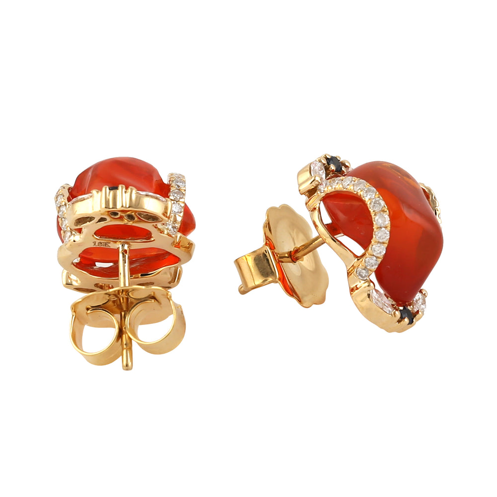 Fire Opal Cabochon Blue Sapphire & Diamond Halo Stud Earrings in 18K Yellow Gold