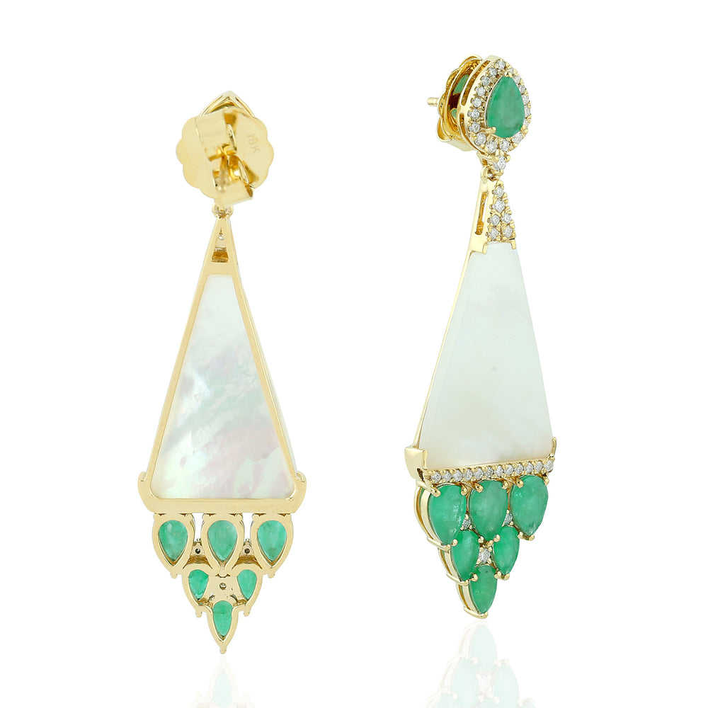 Mother-of-Pearl & Emerald Pave Diamond Drop Earrings in 18K Yellow Gold