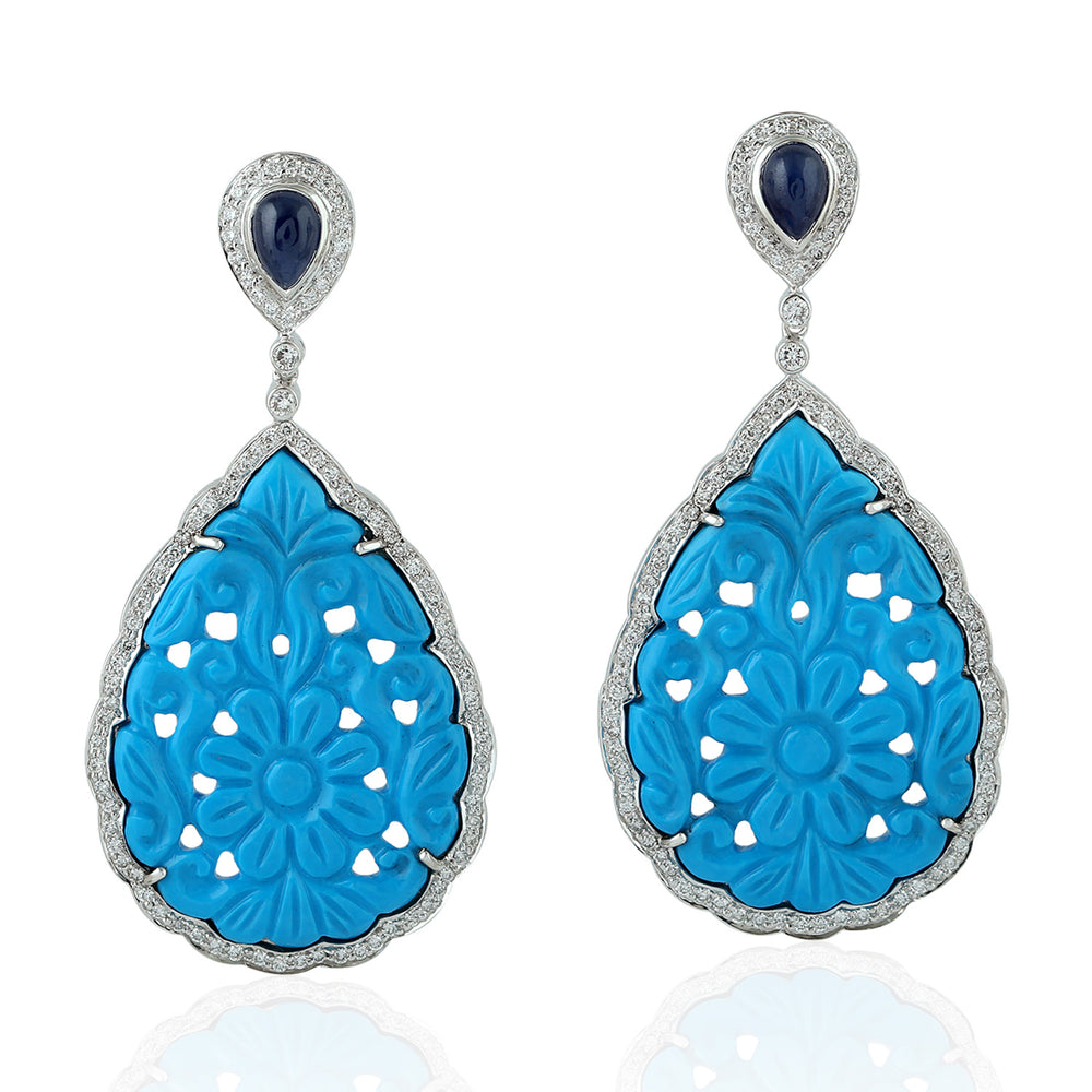 Carved Turquoise Teardrop Sapphire Diamond Halo Drop Earrings in White Gold Silver
