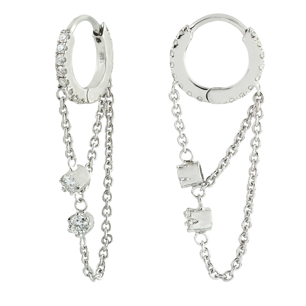 Pave Diamond Link Chain Design Huggie Earrings In 18k White Gold