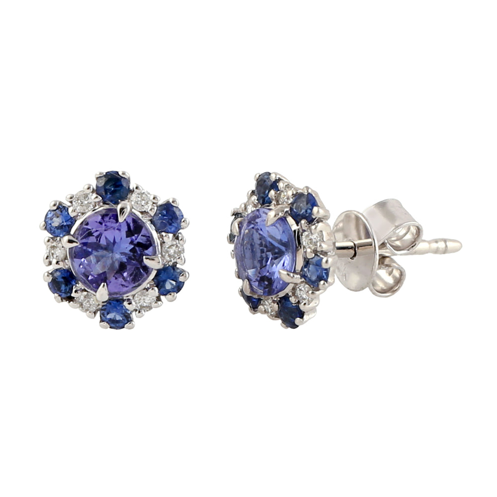Tanzanite Blue Sapphire Prong Diamond Beautiful Stud Earrings in 14k White Gold