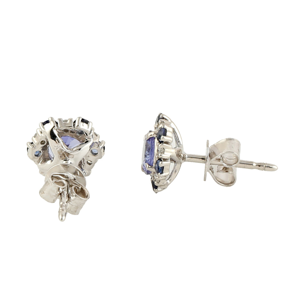 Tanzanite Blue Sapphire Prong Diamond Beautiful Stud Earrings in 14k White Gold