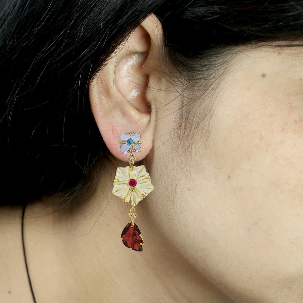 Carved Floral & Leaf Gemstone Drop Earrings in 18K Yellow Gold