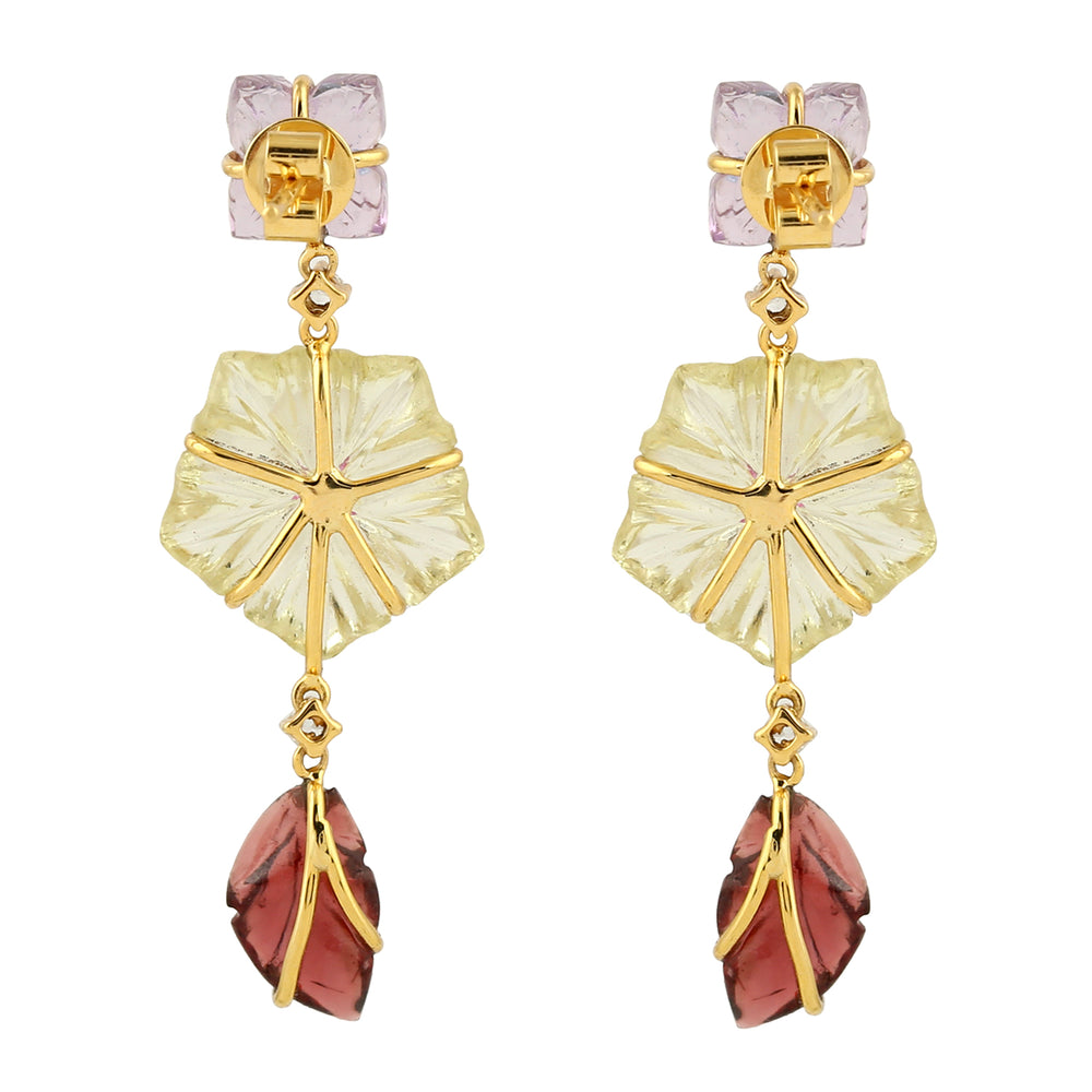 Carved Floral & Leaf Gemstone Drop Earrings in 18K Yellow Gold