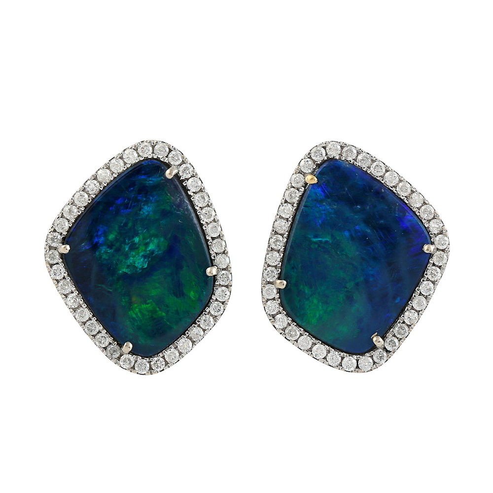 Blue Opal & Diamond Halo Stud Earrings in 18K White Gold