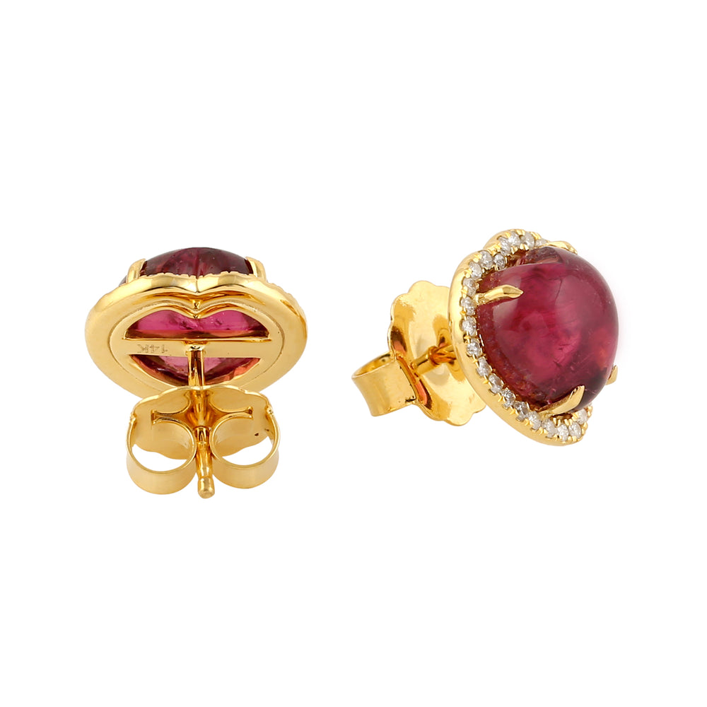 Pink Tourmaline Gemstone Pave Diamond Heart Stud Earrings In 14k Yellow Gold
