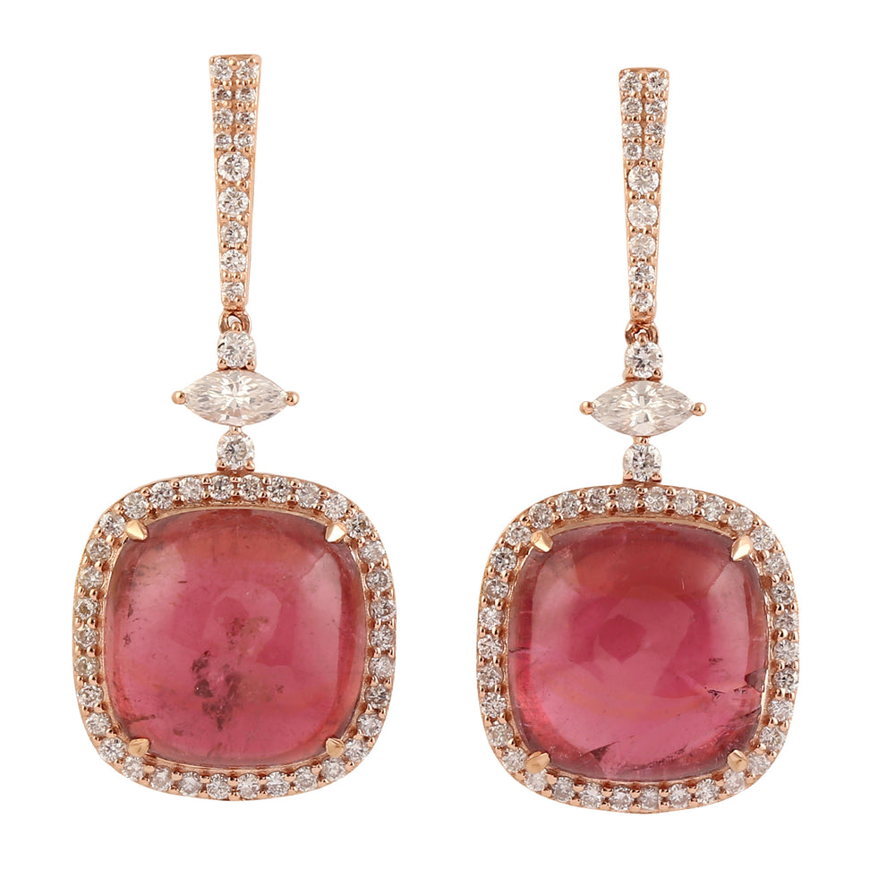 Cabochon Pink Tourmaline Pave Diamond Drop Dangle Earrings in 18k Rose Gold