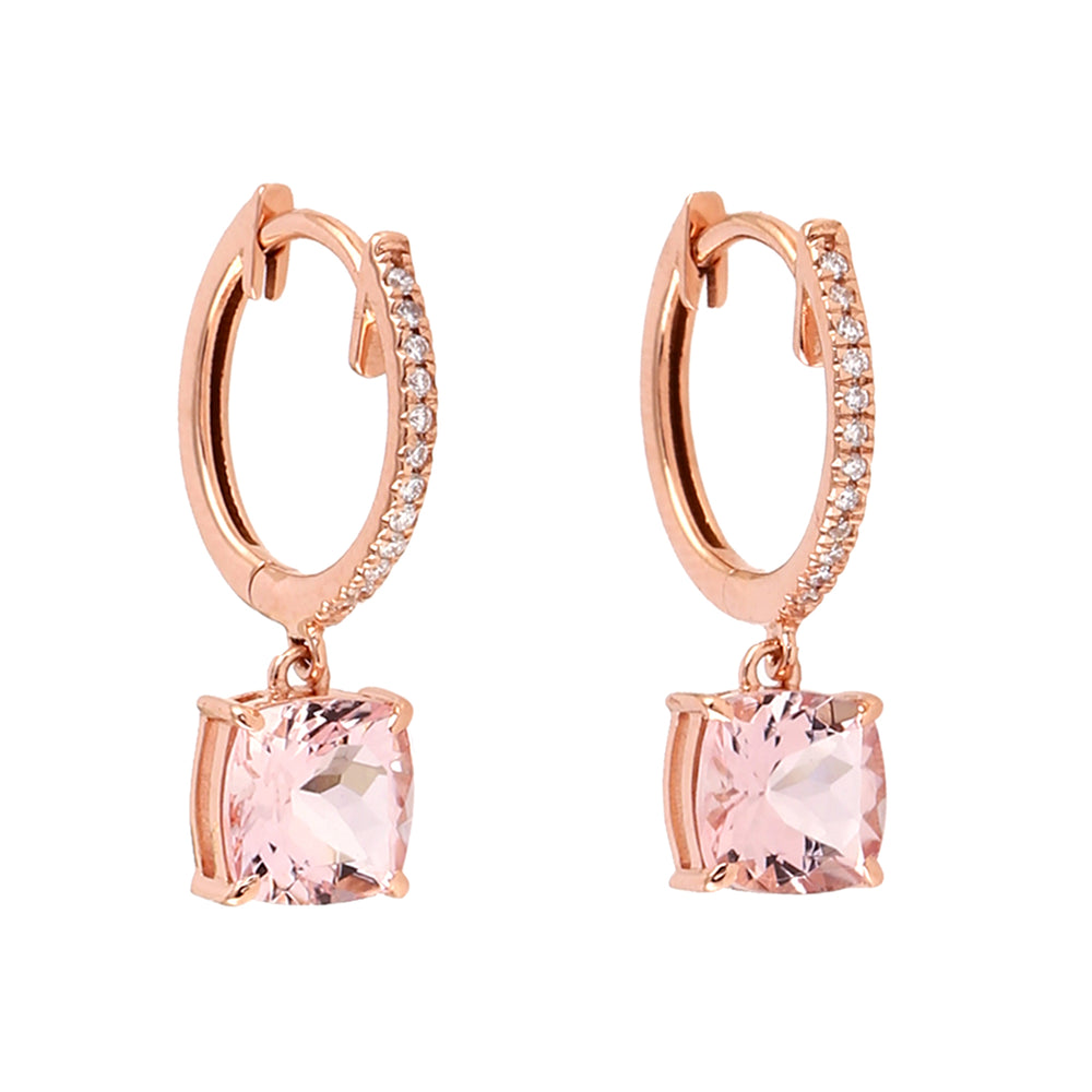 Prong Set Pink Morganite Diamond Drop Huggie Earrings In 18k Rose Gold