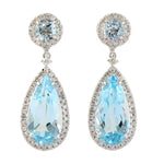 Natural Pear Cut Blue Topaz Studded Diamond Drop Dangle Earrings in 18k White Gold