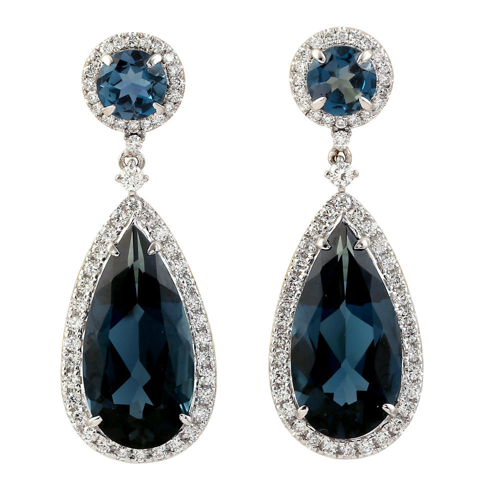 Pear Drop Blue Topaz Diamond Danglers In 18k White Gold Fior Women
