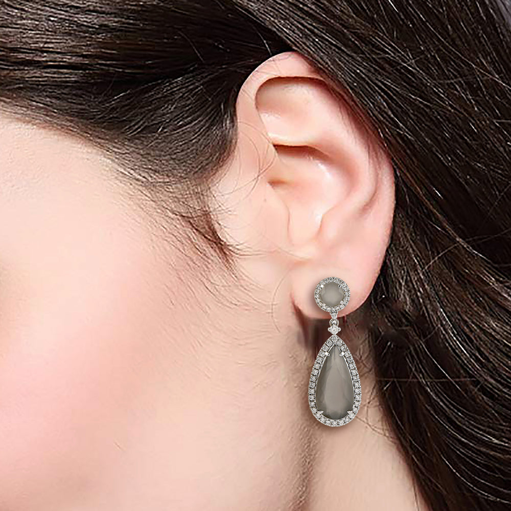 Moonstone Gemstone Pave Diamond Teardrop Dangling Earrings in 18k White Gold – Elegant Jewelry for Her