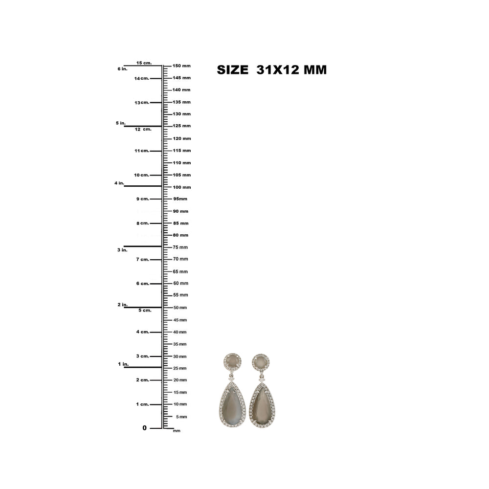 Moonstone Gemstone Pave Diamond Teardrop Dangling Earrings in 18k White Gold – Elegant Jewelry for Her