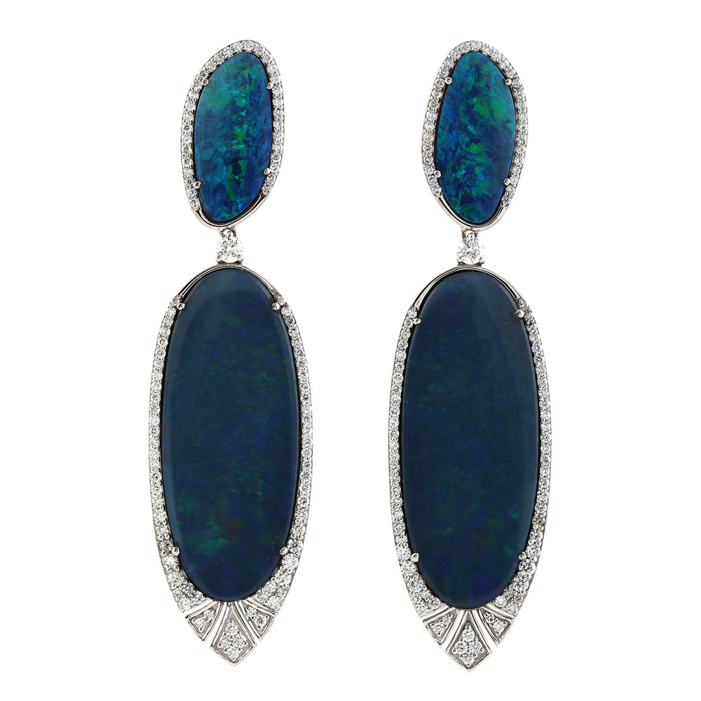 Australian Opal & Diamond Elongated Drop Earrings in 18K White Gold