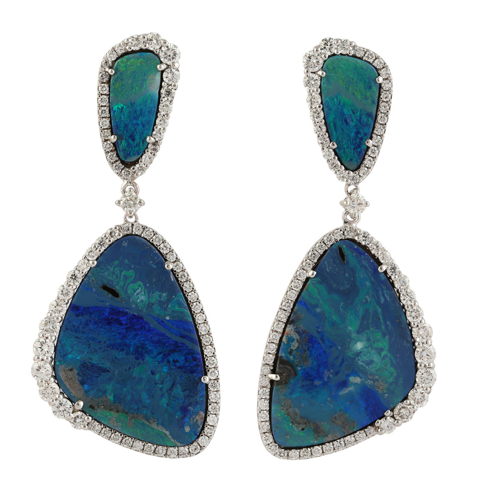 Australian Opal & Diamond Freeform Drop Earrings in 18K White Gold