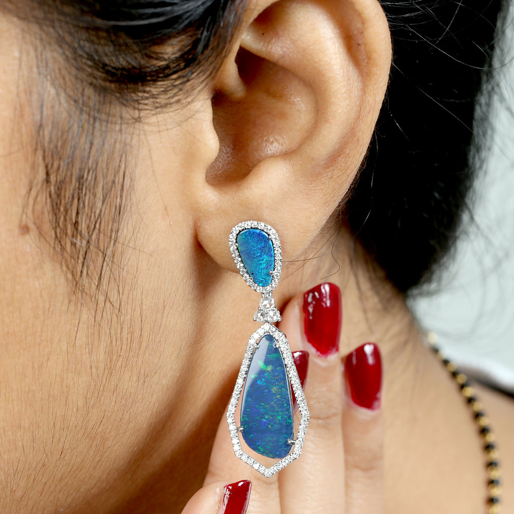 Opal Doublet Prong Rose Cut Diamond Dangle Earrings In White Gold October Birthstone