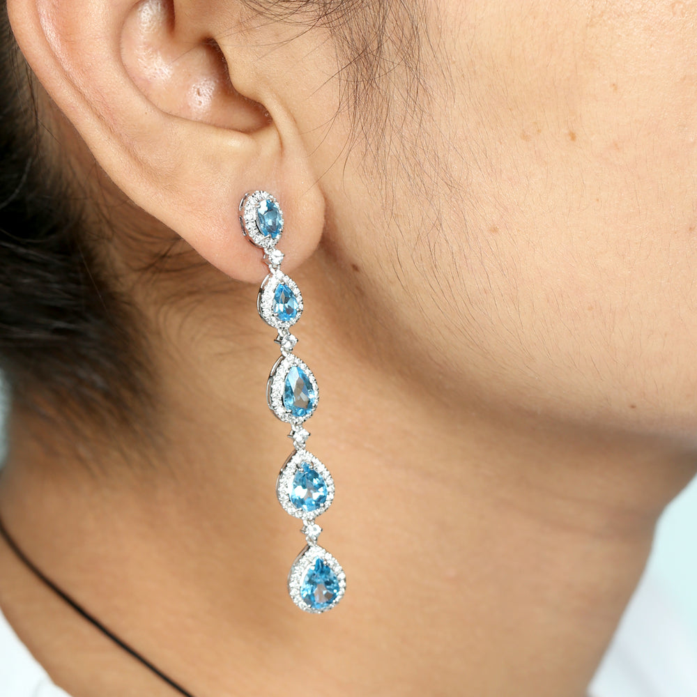 Blue Topaz White Sapphire Pave Diamond Long Earrings In 18k White Gold