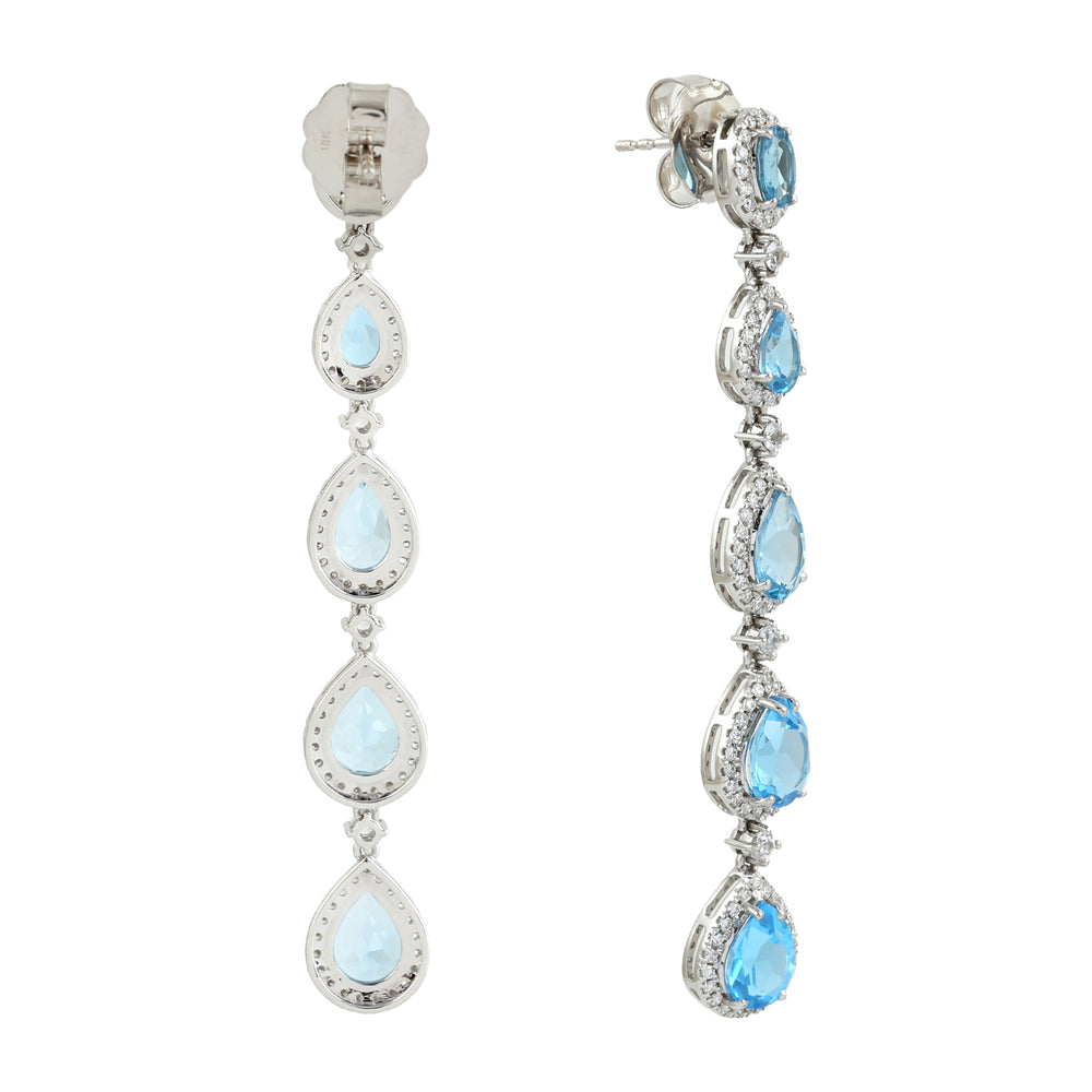 Blue Topaz White Sapphire Pave Diamond Long Earrings In 18k White Gold